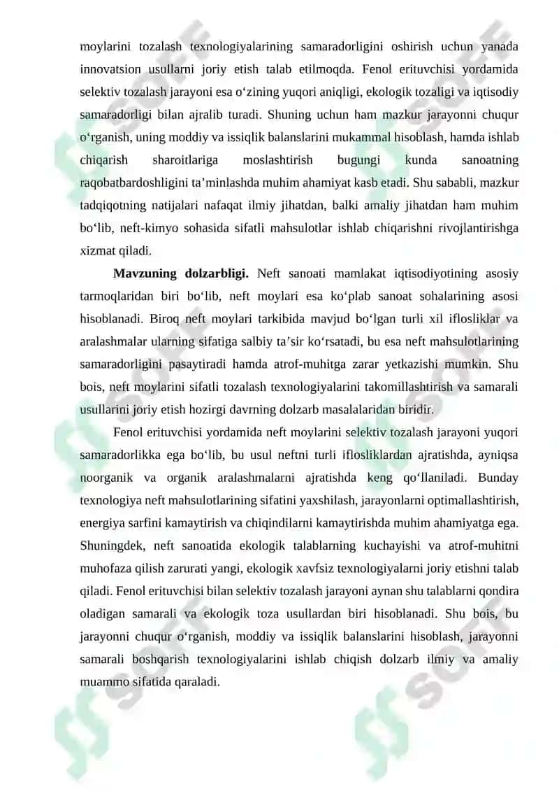 Neft moylarini fenol erituvchisi yordamida selektiv tozalash jarayoni 3