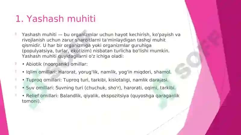 Yashash muhiti, ekologik omillar va ularga organizmlarning adaptatsiya (moslashuvi). 3