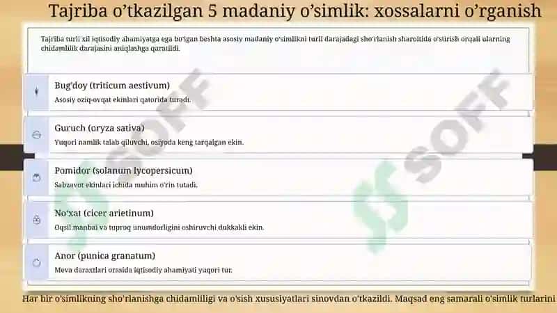 O’simliklarni sho’rlanishga chidamliligi: 5 ta madaniy o’simlik misolida shaxsiy tajriba 3