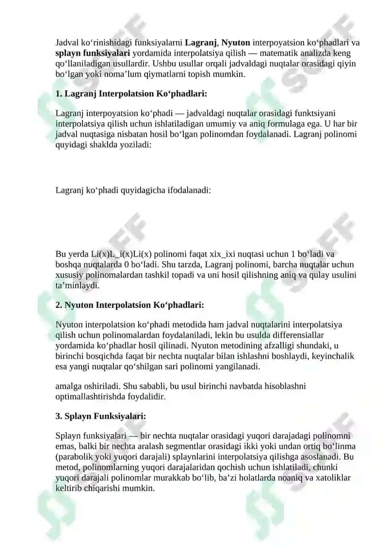 Jadval koʻrinishda berilgan funksiyalarni Lagranj, Nyuton interpoyatsion kophadlari hamda splayn funksiyalar bilan interpolyatsiyalash 3