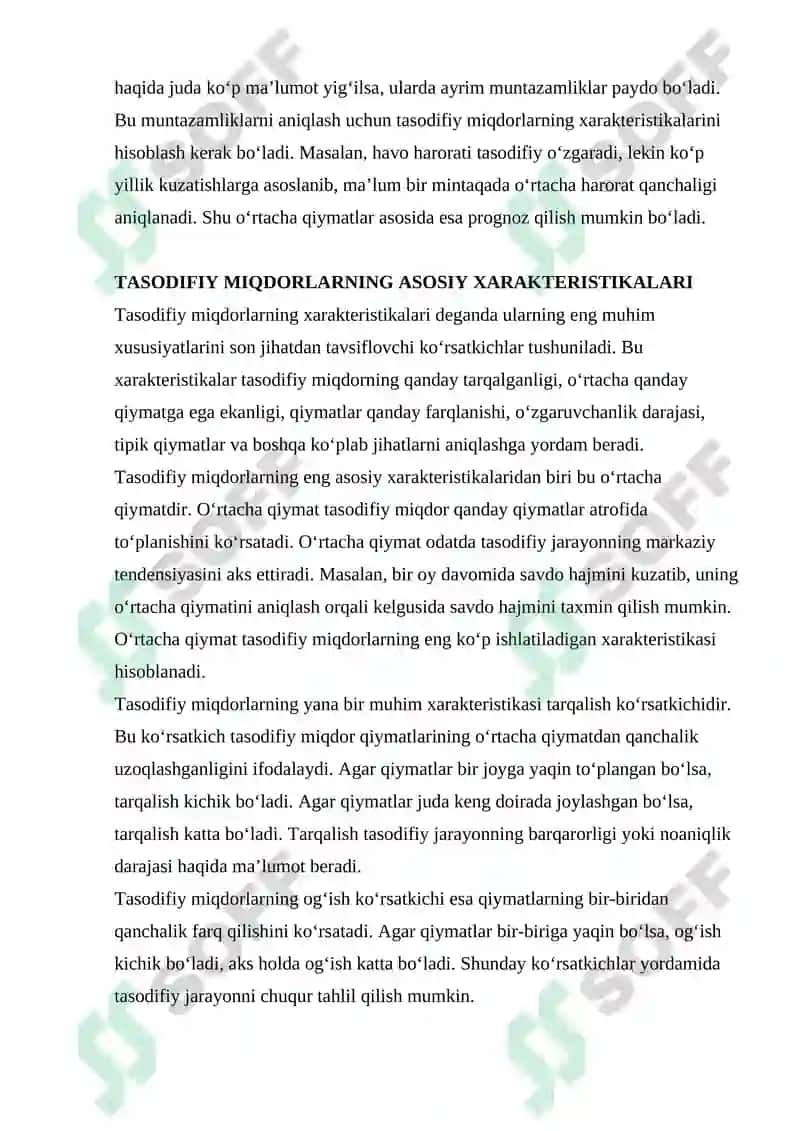 TASODIFIY MIQDORLARNING XARAKTERISTIKALARINI HISOBLASH 3