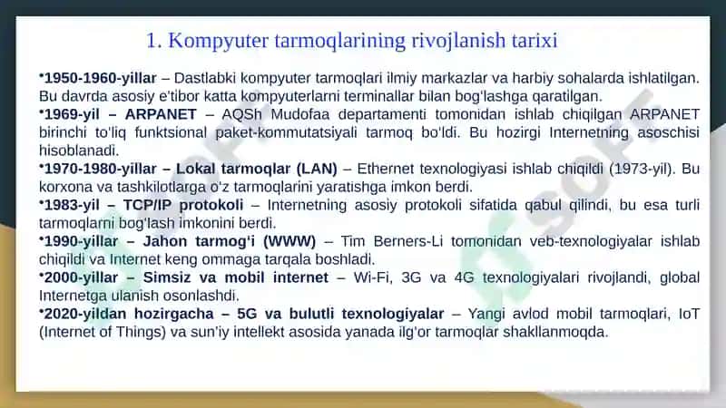 Kompyuter tarmoqlarining rivojlanish tarixi.  Kompyuter tarmoqlarining rivojlanish bosqichlari, Kompyuter tarmoqlarining rivojlanishiga muhim hissa qo’shgan kishilar, kompyuter tarmog‘I tushunchasi, kompyuter tarmog‘ining tarkibi. Kompyuter tarmoqlarining asosiy qurilmalari. 3