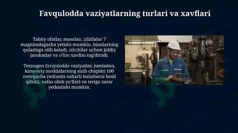 Ishlabchiqarish maydonlarida ishlayotgan ishchilarni favqulot davaziyatlardan muxofaza yo'llari 3