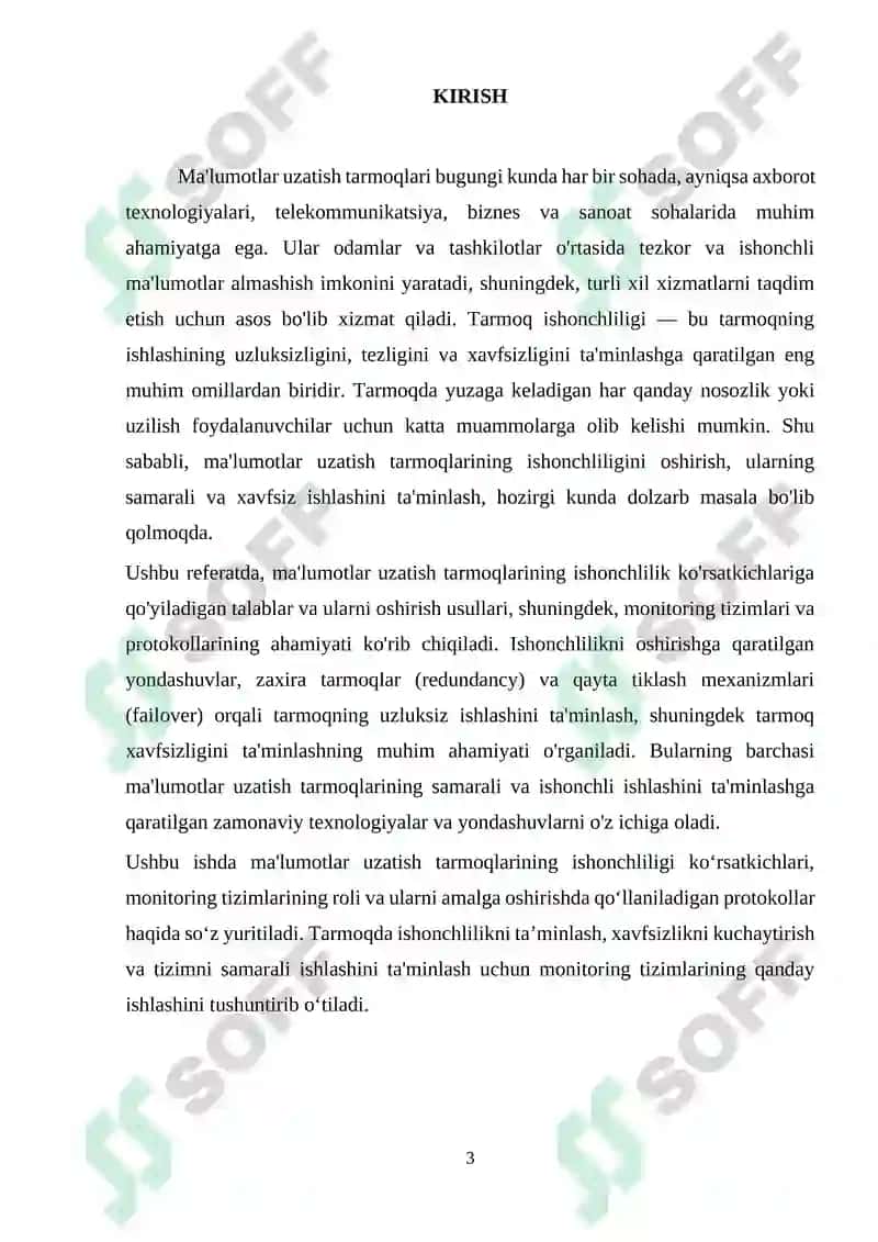 Ma'lumotlar uzatish tarmoqlarining ishonchlilik ko`rsatkichlariga talablar va ularni oshirish usullari. 3