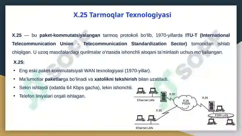 X.25, Frame Relay va ATM tarmoqlari. Ethernet, Fast Ethernet, Gigabit Ethernet, Token Ring va FDDI texnologiyalari. 3