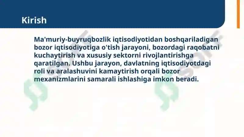 Ma'muriy-buyruqbozlik iqtisodiyotidan boshqariladigan bozor iqtisodiyotiga òtishning xususiyatlari 3