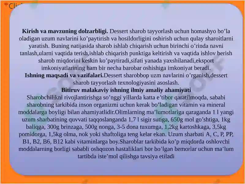 DESSERT SHAROB TAYYORLASH UCHUN UZUM NAVLARINI TANLASH VA ULARDAN SHAROB TAYYORLASH TEXNOLOGIYASINI ASOSLASH 3