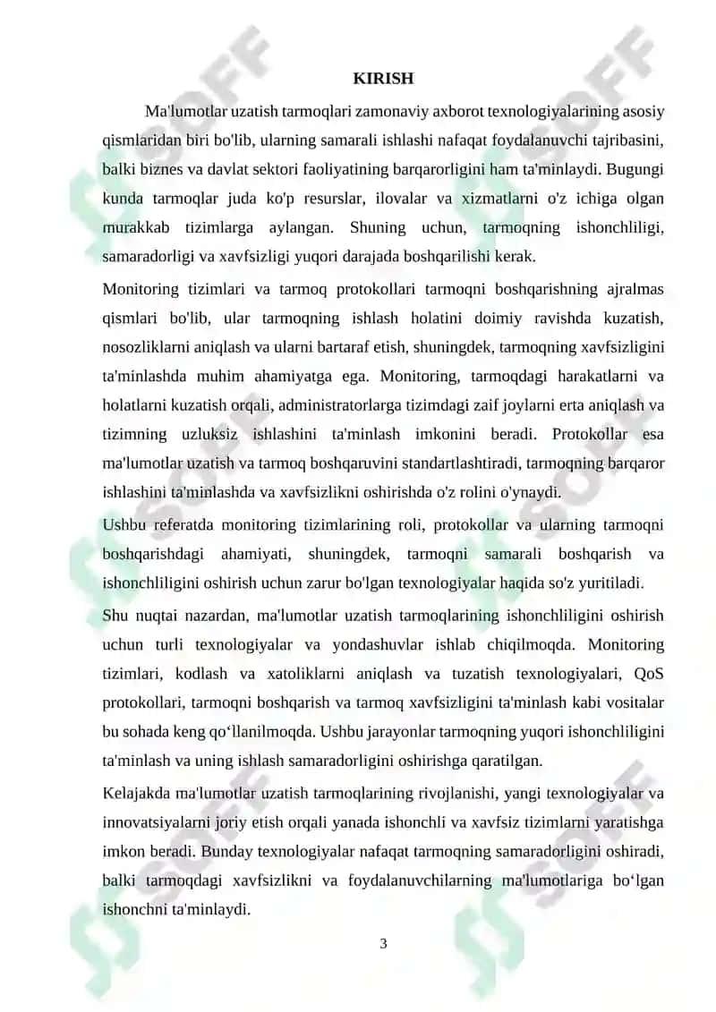 Ma’lumotlar uzatish tarmoqlarining ishonchlilik ko`rsatkichlariga talablar va ularni oshirish usullari. Ma’lumotlar uzatish tarmoqlarida monitoring usullari va protokollari 3