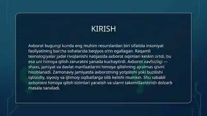 Axborot xavfsizligi va axborotlarni himoyalash usullari. Axborotlarni himoyalashning texnik va dasturiy vositalari 3