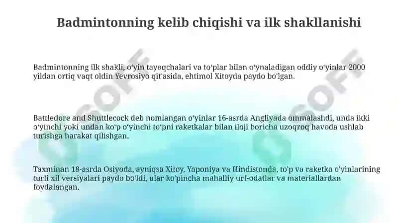 Badminton oʻyin kelib chiqishi va Rivojlaniwi tarixi 3