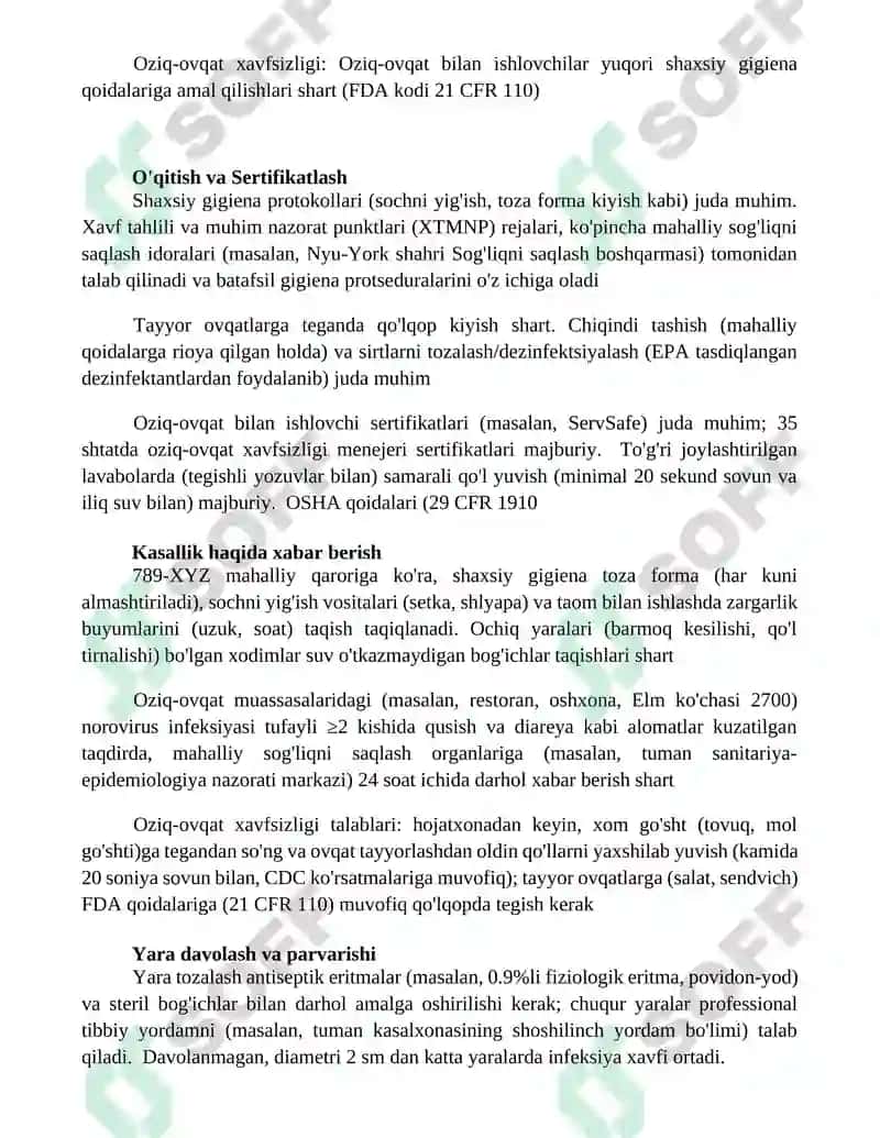 Oziq-ovqat korxona xodimlari shaxsiy gigienasiga qoyiladigan talablar 3