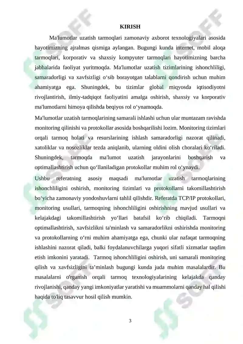 Ma'lumotlar uzatish tarmoqlarining ishonchlilik ko`rsatkichlariga talablar va ularni oshirish usullari. Ma’lumotlar uzatish tarmoqlarida monitoring usullari va protokollari 3