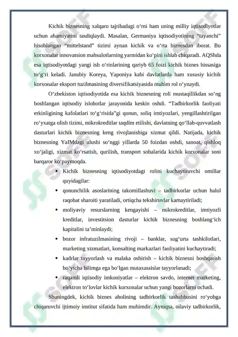 Kichik biznesning milliy iqtisodiyotdagi roli va ahamiyati 3