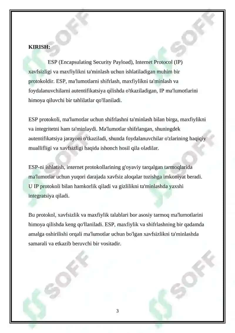 AUTENTIFIKATSIYANI TA’MINLASH PROTOKOLI ESP PROTOKOLI 3