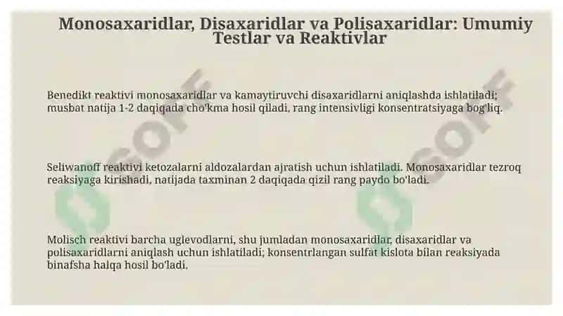 Monosaxaridlar, Disaxaridlar va Polisaxaridlar: Umumiy Testlar va Reaktivlar 3