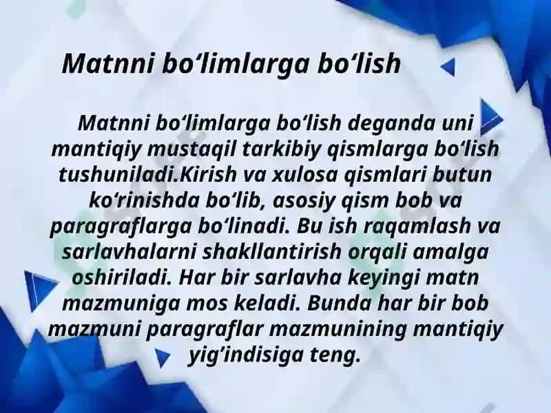 Matnni ma’noviy qismlarga bo‘lish tamoyillari. Reja. Rejaning turlari 3