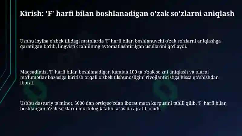Oʻzbek tilida “F” harfi bilan boshlanuvchi oʻzak soʻzlarni aniqlovchi dastur 3