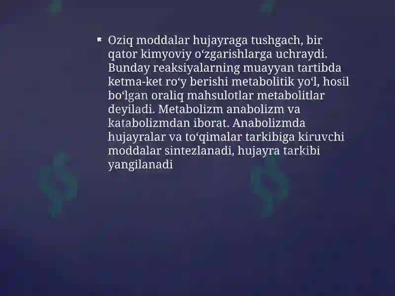 METABOLIZM JARAYONIDA ENERGIYA HOSIL BO’LISHI VA SARFLANISHI 3