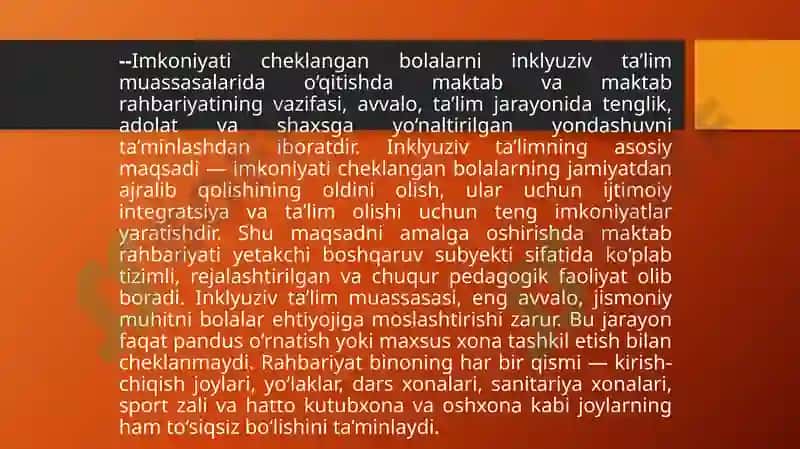 Imkoniyati cheklangan bolalarni inklyuziv ta‘lim muassasalarida o’qitishda maktab va maktab raxbariy 3