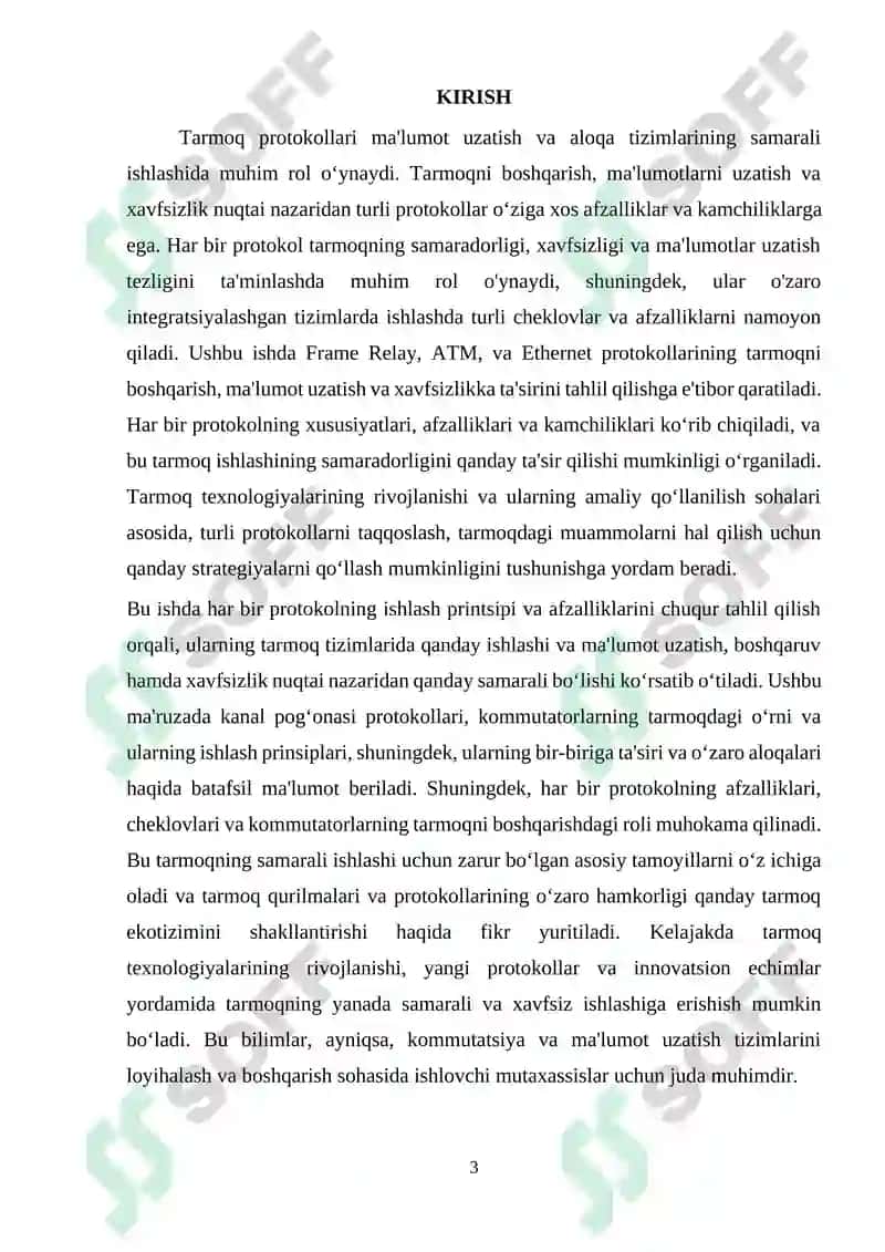 Kanal pog‘onasining protokollari (Frame Relay, ATM, Ethernet). Kommutatorning funksional modeli, turlari va MAC-jadvalning ishlash tamoyillari 3