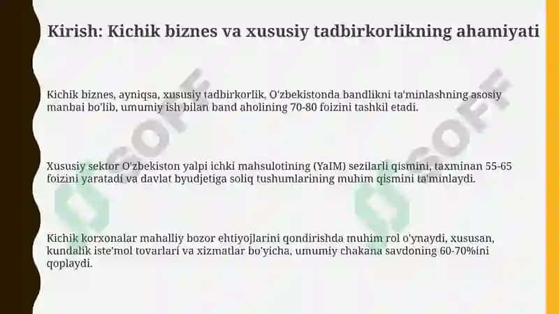 O'zbekistonda kichik biznes va xususiy tadbirkorlikni rivojlantirish istiqbollari 3