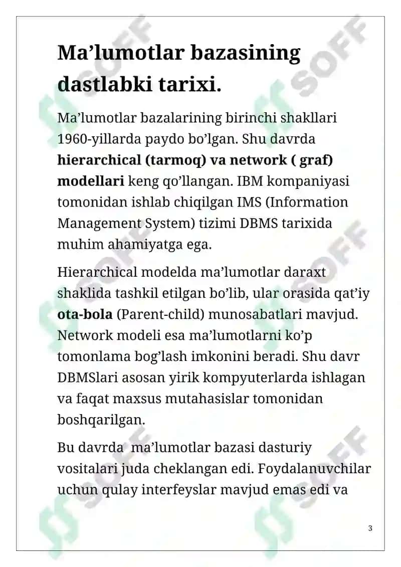 Ma’lumotlar bazasi boshqarish tizimlari va ma’lumotlar bazasini ishlab chiqish dasturiy vositalarining rivojlanish tarixi 3