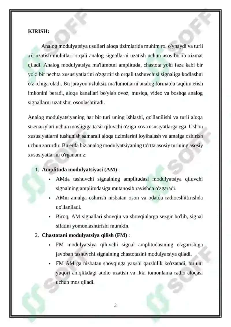 Analog modulyasiyalash turlari. ularning oʻzga xos xususiyatlari 3