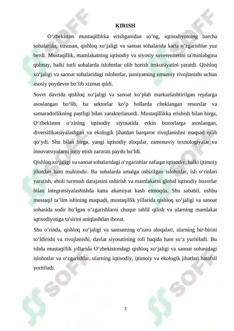 MUSTAQILLIK YILLARIDA QISHLOQ XO‘JALIGI VA SANOAT SOHASIDAGI O‘ZGARISHLAR 3