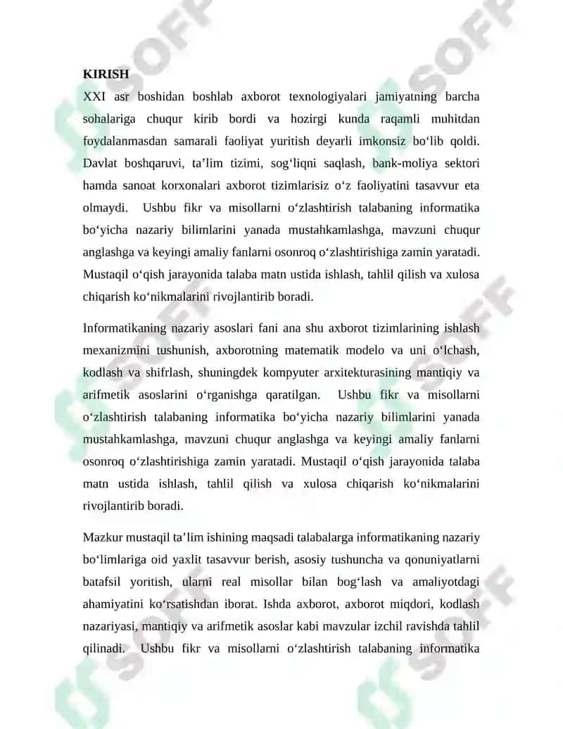 INFORMATIKANING NAZARIY ASOSLARI FANIDAN MUSTAQIL TA’LIM ISHI 3