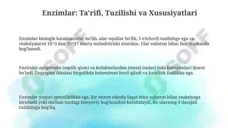 Enzimlar: Ta'rifi, Tuzilishi va Xususiyatlari 3