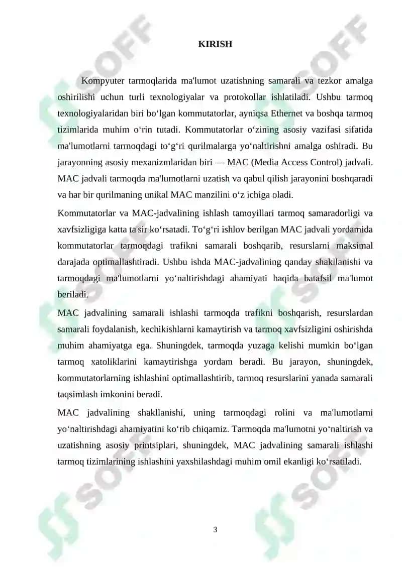 Kanal pog'onasining protokollari (Frame Relay, ATM, Ethernet). Kommutatorning funksional modeli, turlari va MAC-jadvalning ishlash tamoyillari 3