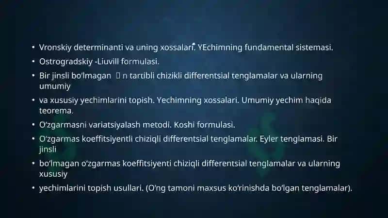 differentsial tenglamalarni o‘zgarmasni variatsiyalash usulida yechish. Ostrogradskiy-Liuvill formulasi 3