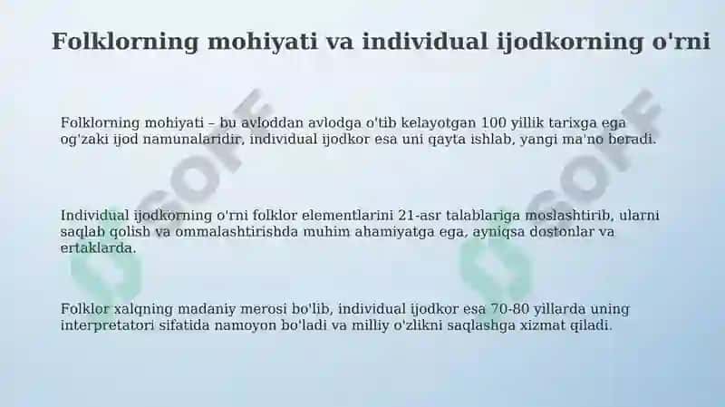 Folklorning mohiyati va individual ijodkorning o'rni 3