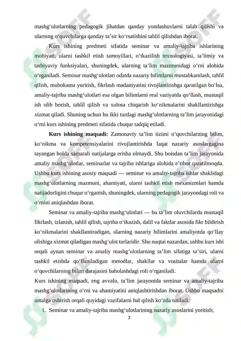 Seminar va amaliy- tajriba  ishlar shaklidagi mashgʻulotlar 3