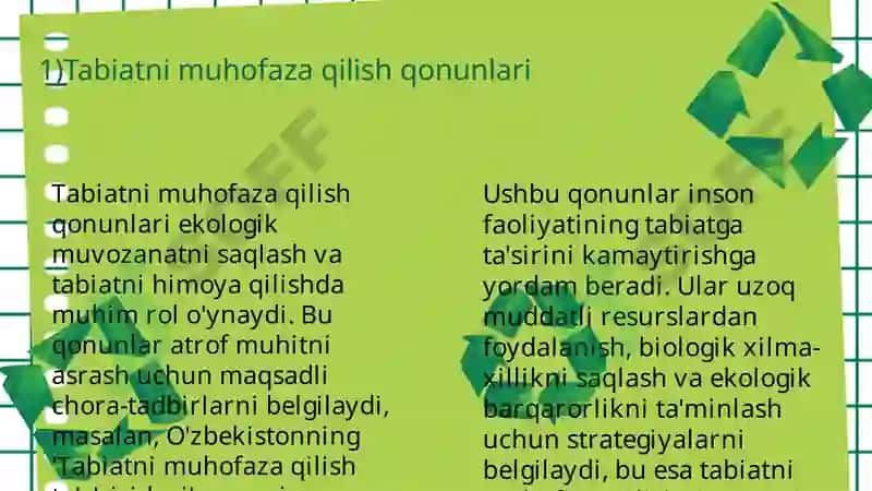 O'zbekiston Respublikasi tabiatni asrashga doir qonunlarni o'rganish va tahlil qilish. 3