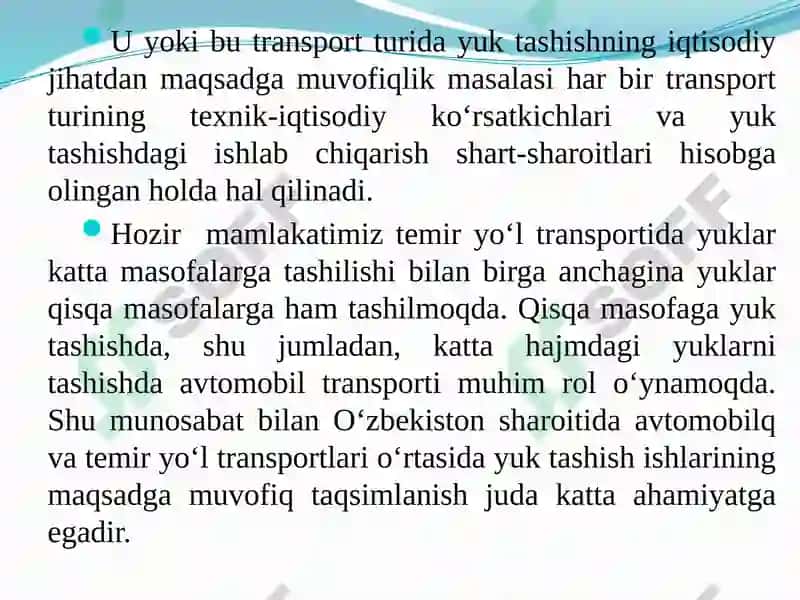 Trаnsportning аsosiy turlаri о‘rtаsidа yuk vа pаssаjir tаshishni оqilonа tаqsimlаsh 3