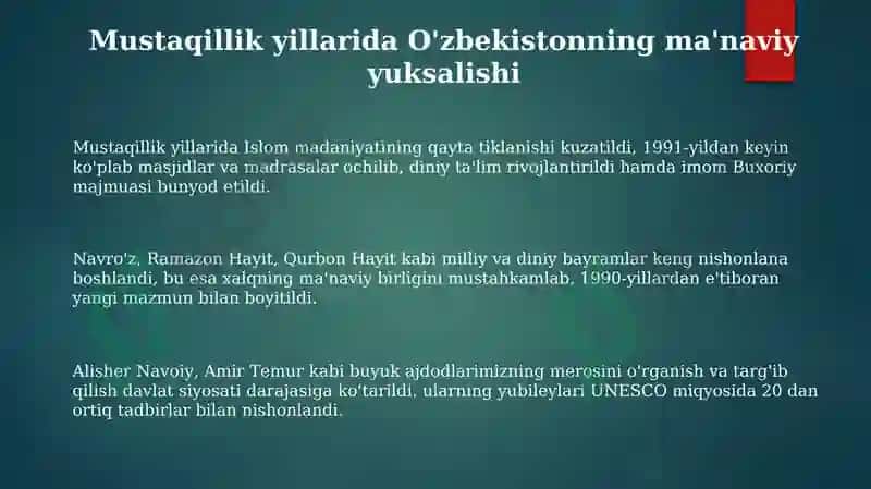 Mustaqillik yillarida Oʻzbekistondagi ma'naviy va madaniy taraqqiyot 3