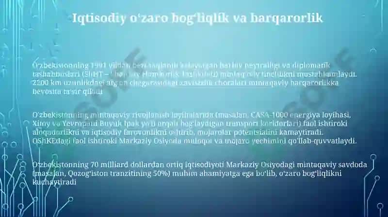 O‘zbekistonning Markaziy Osiyoda tinchlik va barqarorlikni ta’minlashdagi 3