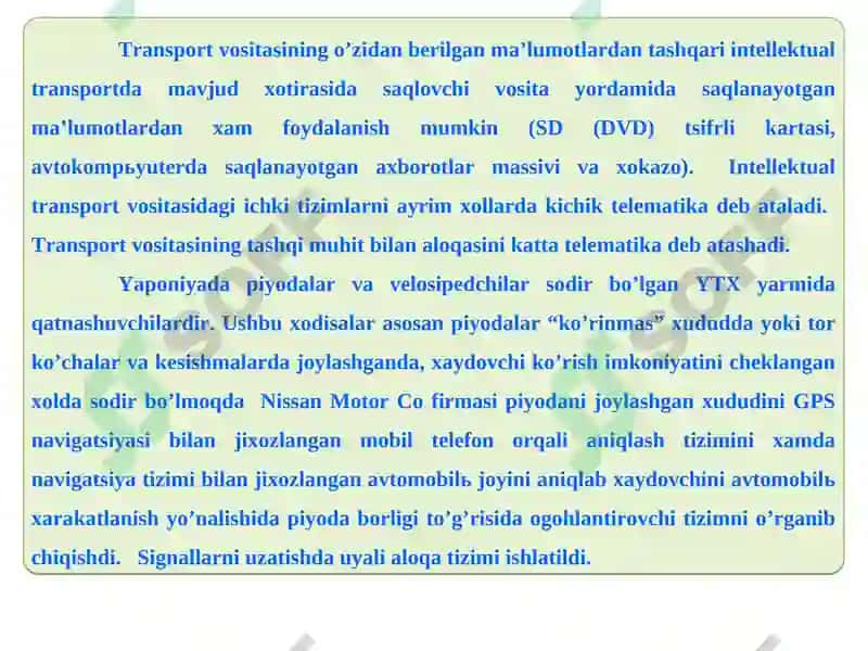 INTELLEKTUAL TRANSPORT VOSITASINING ICHKI VA TASHQI TIZIMLARI 3