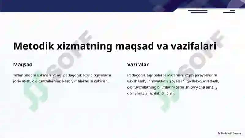 Uzluksiz metodik xizmat va metodbirlashmalar faoliyatini tashkil etish va boshqarish. 3