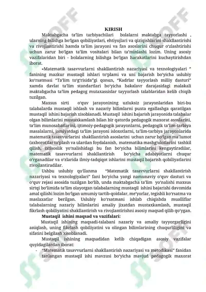 "Matematik tasavvurlarni shakllantirish nazariyasi va texnologiyalari fanidan mustaqil ishlar toʻplami" 3