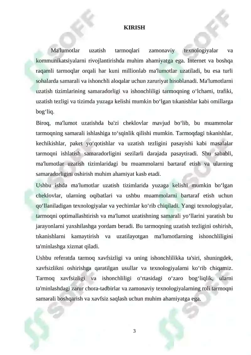 Ma’lumotlar uzatish tarmoqlarining ishonchlilik ko`rsatkichlariga talablar va ularni oshirish usullari. Ma’lumotlar uzatish tarmoqlarida monitoring usullari va protokollari 3