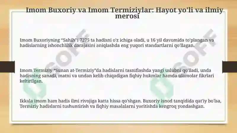 Imom Buxoriy va Imom Termiziyning Hadisilma qushgan hissalarini tahlili 3