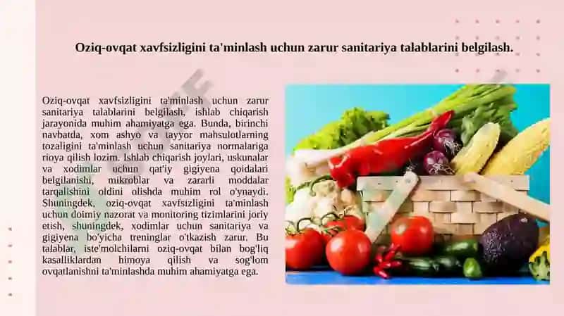 Oziq-ovqat xavfsizligini ta'minlash uchun zarur sanitariya talablarini belgilash 3