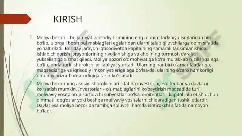 Moliya bozori ishtirokchilari va moliyavi vositachi turlari 3