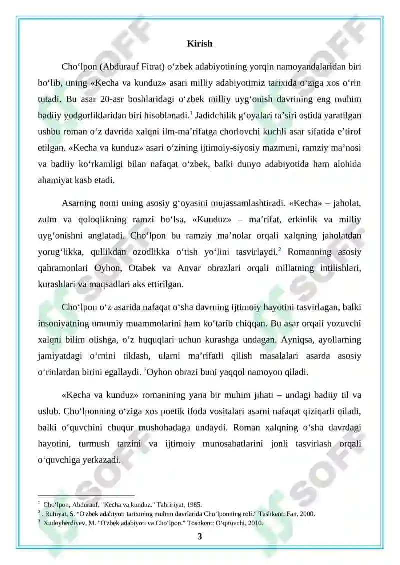 Oʻzbek adabiyoti tarixi fanidan «Choʻlponning «Kecha va kunduz» asari tahlili» 3