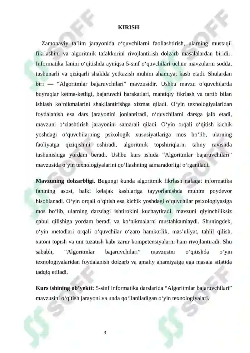 "5-sinfda Algoritmlar bajaruvchilari mavzusida o’yin texnologiyalarini qo’llash samaradorligi" 3