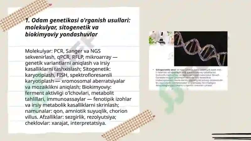 Odam genetikasining organish usulari sitogenetik populatsion statistik biokimyoviy perenital diagnostika 3