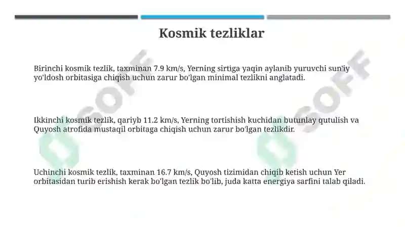 Kosmik tezliklar va sun'iy yo'ldoshlar 3