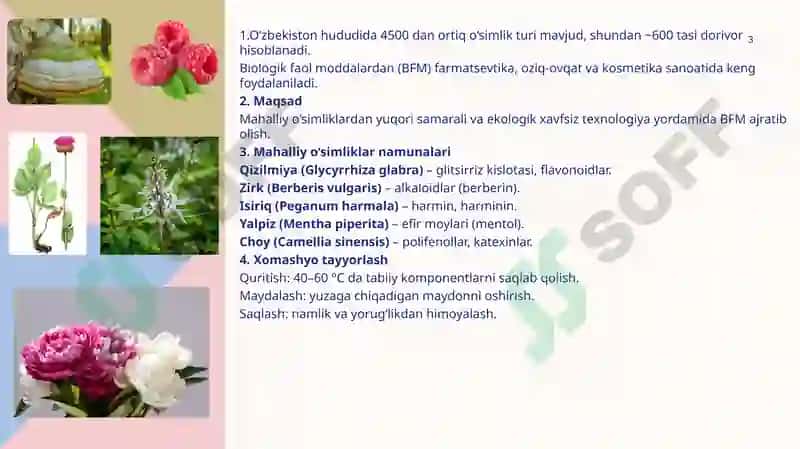 Mahalliy o’simliklarda biologik faol modda ajratish texnologiyasini ishlab chiqish 3